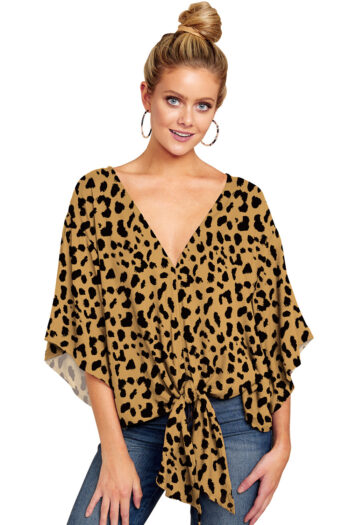 بلوزة بلوزه طويله نسائى واسعه واسعة نسائية نسائيه طويلةواسعة_قطن_قميص نسائي_ New V Neck Blouse Women Leopard Print Shirts Floral Tie Front Blouses Batwing Summer Oversize Ladies Tops