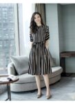 Slim Skirt With Vertical Stripes And Five-point Sleeve Slim Dress