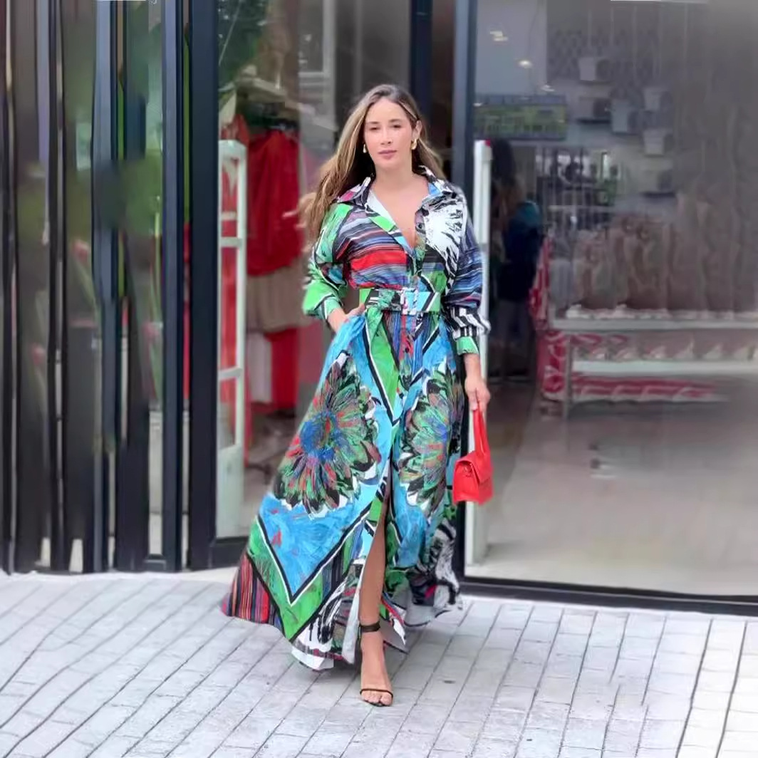 019b7c19-d38e-40c8-bc17-eb188eae54ca.jpg Printed Dress Long Sleeve Cardigan Belt Long Dress - الصورة 1