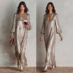 Loose-fitting Long-sleeve Sequin Dress With A Slit
