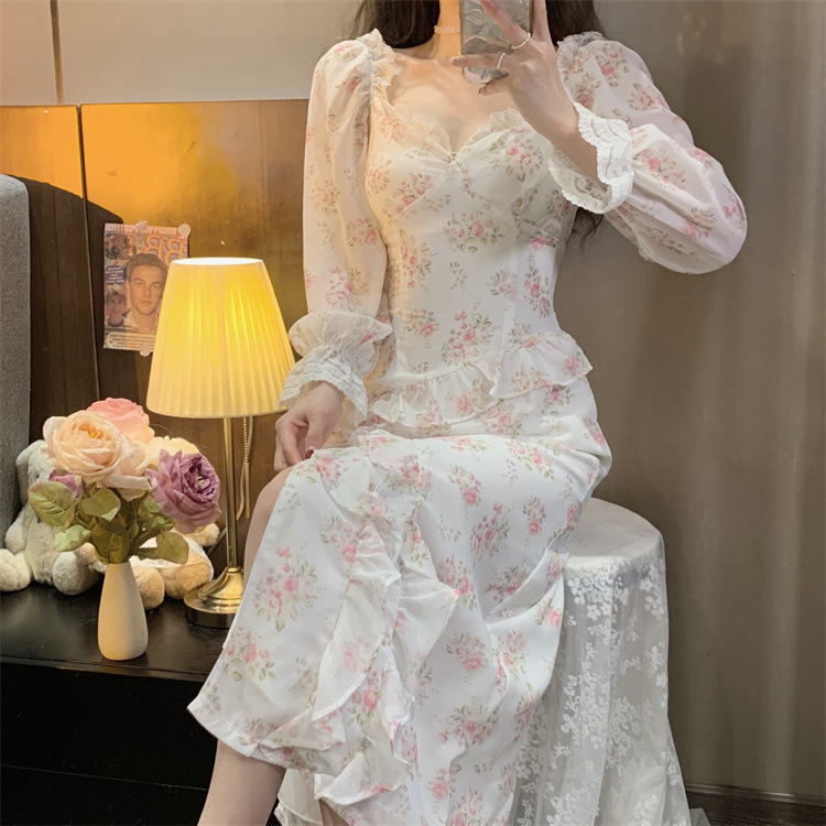 6dbbf3ba-b3a7-42a0-bba7-57e4daf352b5.jpg French Chiffon Floral Slit Dress High Waist Slim Ruffle - الصورة 1