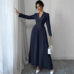 Long-sleeved High-waisted Flared Pleated Dress