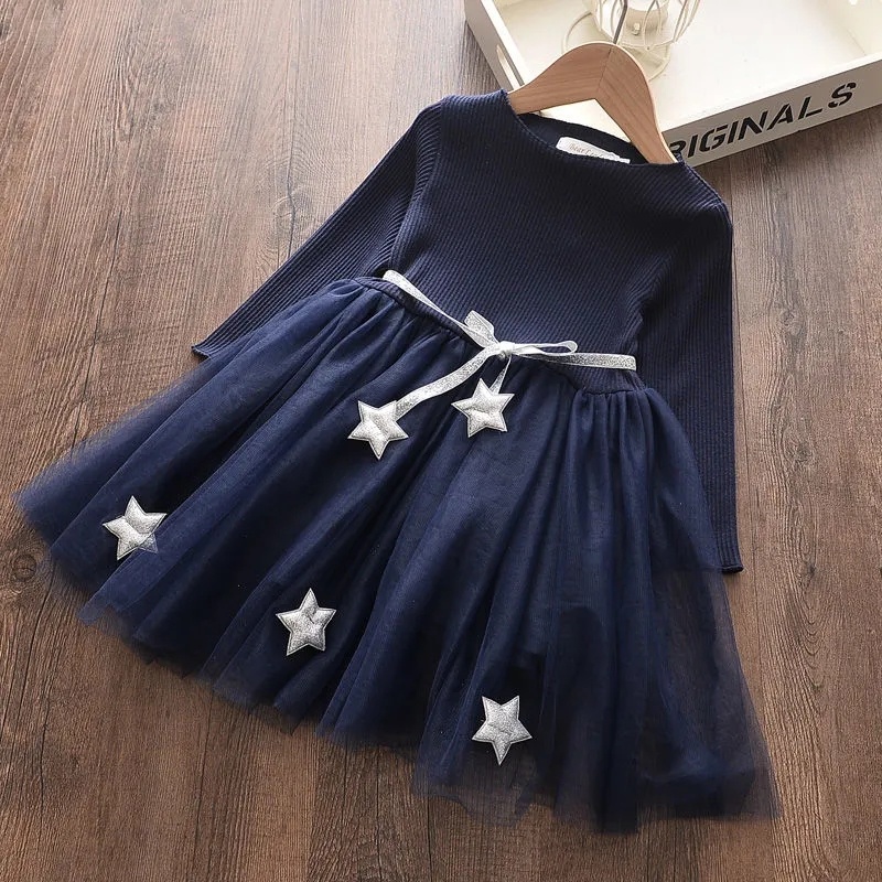 1621403478210.jpg Long Sleeve Solid Color Princess Dress Girls Tether Belt Accessories Star Net Gauze Skirt - الصورة 1