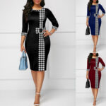 Plaid Patchwork Printed Crewneck 7-point Sleeve Sheath Dress