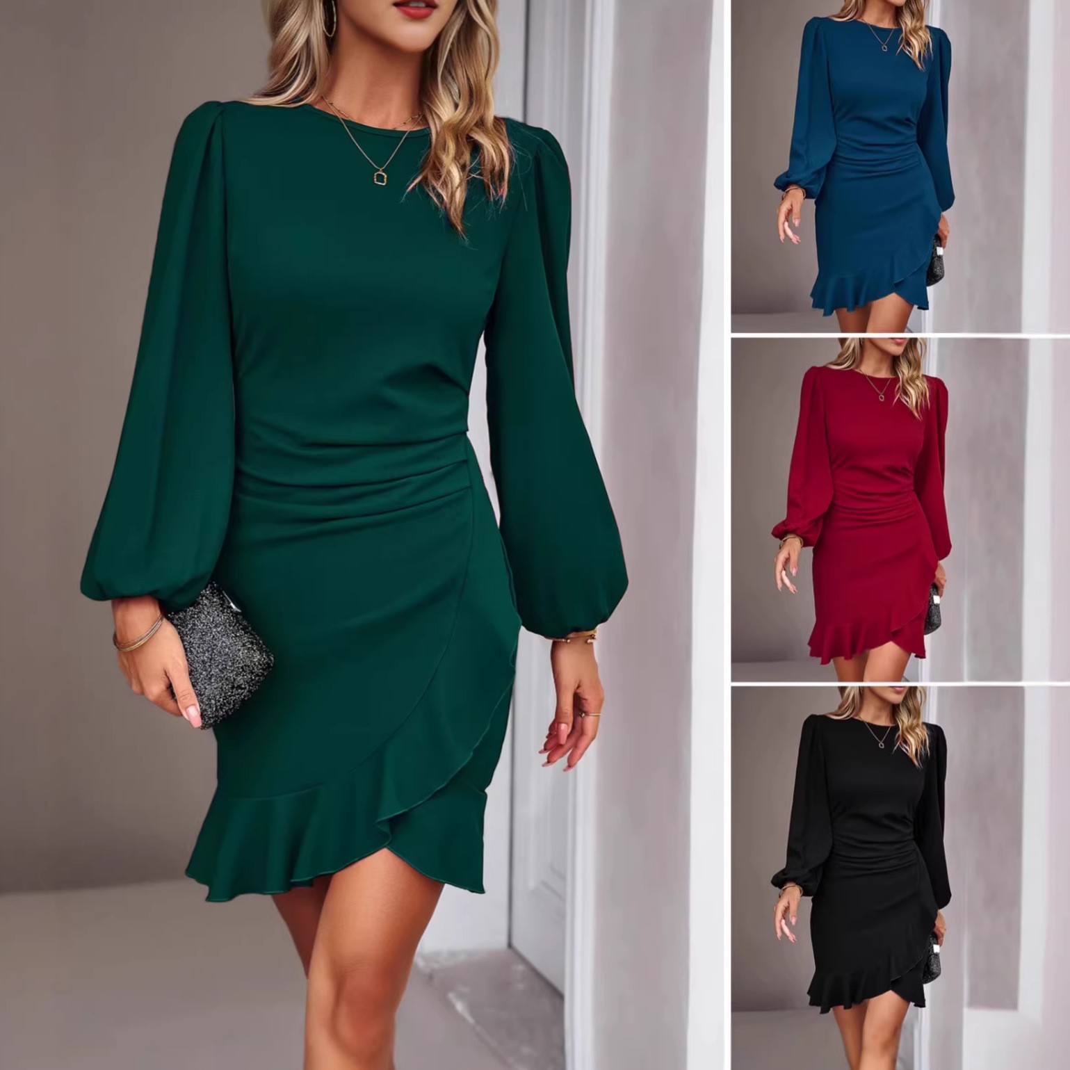 23f6acf2-af0a-4de8-b099-bcd14e6fad99.jpg 2026 New European American Women Puff Long Sleeve Wrap Mini Dress Round Neck Ruched Waist Ruffle Hem Elegant Party Bodycon Dress - الصورة 1