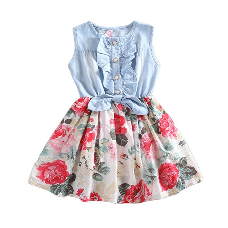 2792759101083.jpg Summer Children Sleeveless Girl Denim Floral Dresses - الصورة 1