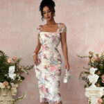 Elegant Romantic Mesh Floral Print Pleated Mid-length Dress