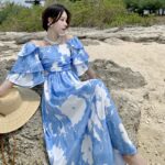 Blue One-line Shoulder Floral Flounder Dress