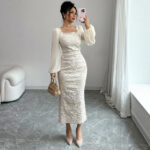 Women's Embroidered Lace Square-Neck Long Dress