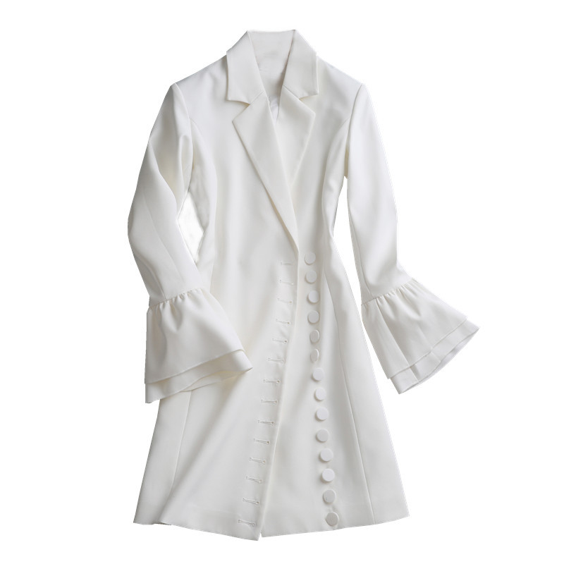 8790e9e6-2216-4617-a3cb-731d884abd75.jpg Trumpet Sleeve Small Suit Women's Mid-length Slim Single-breasted White Dress - الصورة 1
