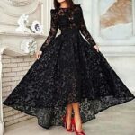 Black Lace Long Sleeve Front Short Back Long Evening Dress