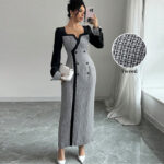Women's Clothing Fashion Square Collar Double Breasted Fitted Waist Dress
