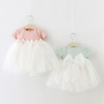 Summer Girls Skirt Middle Children's Back Big Bow Short Sleeve Dress Baby Princess Mesh Skirt