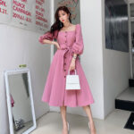 Temperament Ladies Button Rose Red French Square Collar Skirt