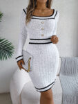 Elegant Square Neck Button Long Sleeve Sweater Dress