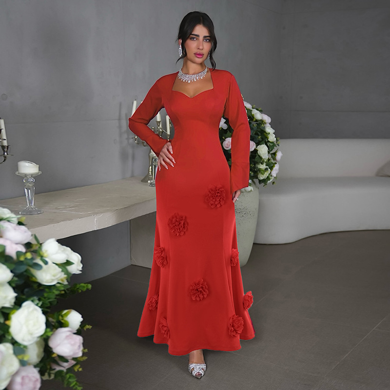 bb4ce2a9-1709-43a8-845e-c5942e1b3fa4.jpg Fashion Slim Fit Peach Collar Flower Dress Women - الصورة 1