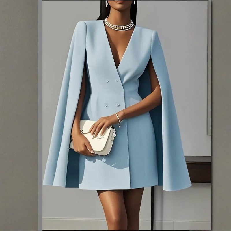 c15ebe85-e7d2-4b53-8ed2-64a921b0071c.jpeg Women's Elegant Solid Color V Neck Double-Breasted Cape Blazer Dress Spring & Summer Party Banquet Outfit - الصورة 1