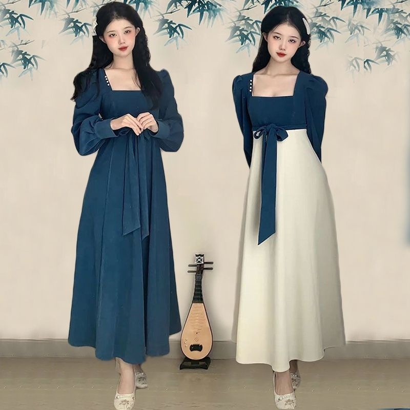 d114baad-c4a5-42b9-bdc5-68b15112c7cf.jpg National Style New Chinese Style Spring And Autumn French Retro Elegant Slim Square Collar High Waist Skirt - الصورة 1