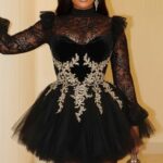 Lace Patchwork Poet Sleeve Tulle Hem Party Mini Dresses-Black