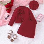 Girls' Autumn And Winter New Woolen Bow Top Skirt Outfit