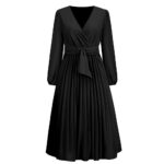 Women's V-Neck Long Sleeve Dress, High Waist Pleated A-Line Midi Dress With Belt, Elegant Casual Work Party Dress