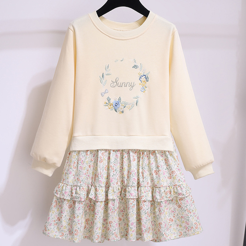 11becd58-4904-4e1b-8bb6-de77c914ed08.jpg Girls Dress Spring Long Sleeve Western Style Fake Stitching Floral Suit - الصورة 1