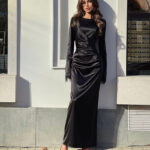 Satin Slim Fit Temperament Waist-controlled Long Sleeve Feather Long Dress Women