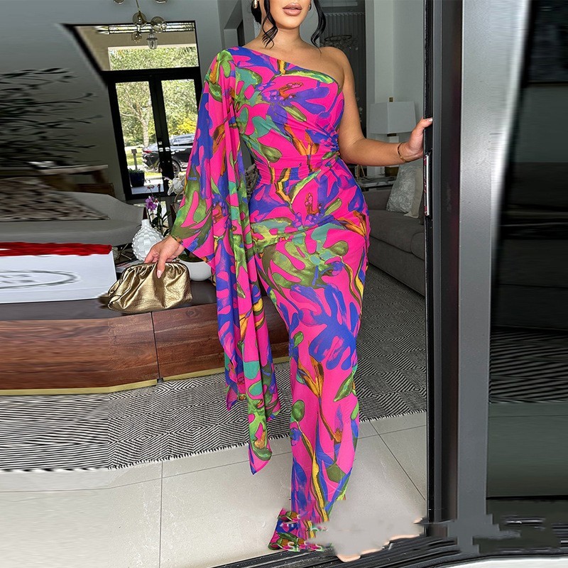 390a4484-439f-4cf0-81b0-24baa6f5e274.jpg Womens Off-shoulder Printed Slim-fit Dress - الصورة 1
