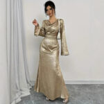 New Sexy Gold-dusted Evening Dress With Long Sleeves