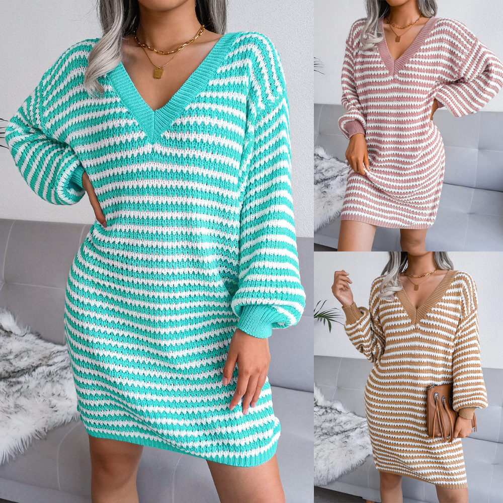 4dcd7367-1d66-4d5a-a575-55e52ca8eb32.jpg Ins Striped Sweater Dress V-neck Long Sleeve Dresses For Women - الصورة 1