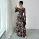 French Leopard Print Long Sleeve Dress Women