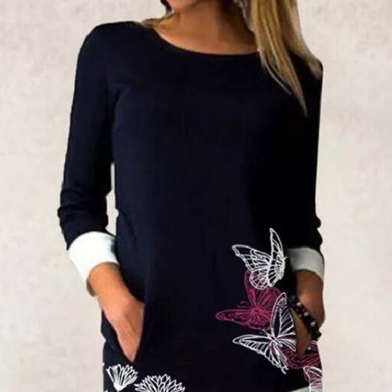 f874022b-667a-43e4-80b1-fac9f616dfad.jpg Round Neck Pocket Long Sleeve Stitching Printing Dress - الصورة 1
